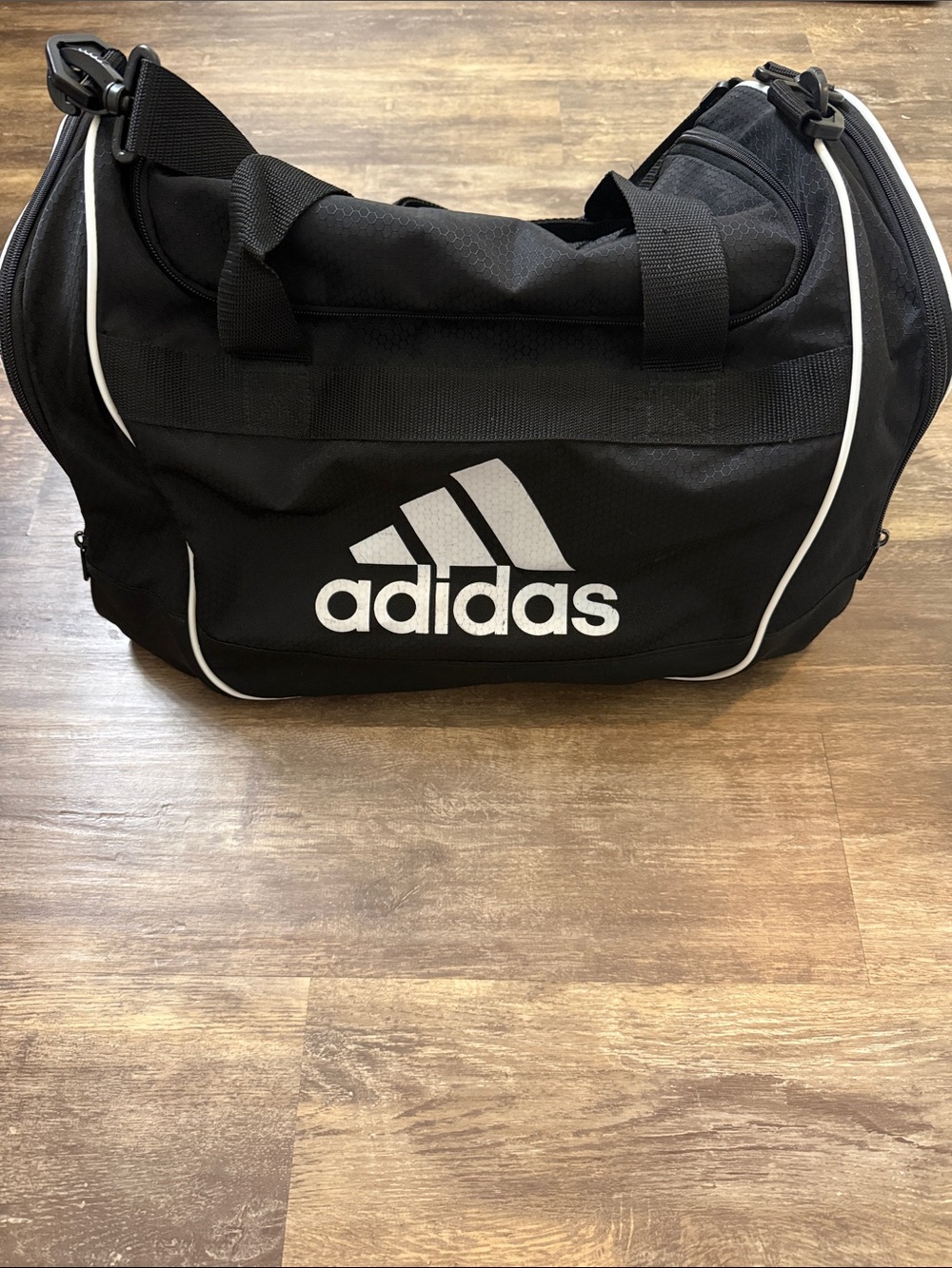 adidas Black Duffel Bag with White Logo and Piping